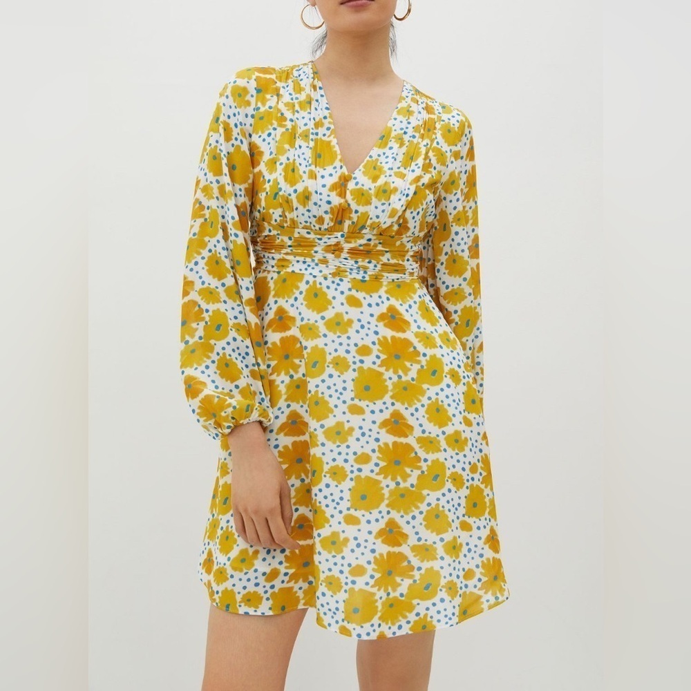 Anthropologie Vera Buttercup Yellow and Blue Floral Mini Dress Size Small
